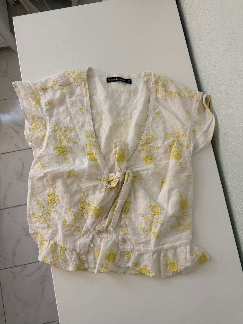 Abercrombie & Fitch Cream Tie-Front Blouse with Yellow Floral Embroidery